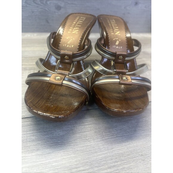 ITALIAN Shoemakers 7.5 Carved Out Wooden Heels Gold Bronze - Picture 4 of 14